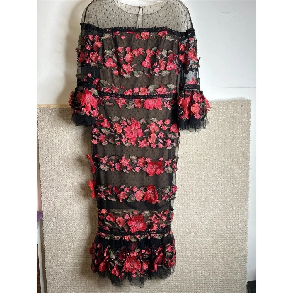 Marchesa‎ Notte Red Embroidered Tea Length Fit Flare Flower Dress Sz 6 NWT